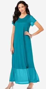 Plus Size 26W | Women's Elegant Crewneck Maxi Dress with Sheer Mesh Detail | NEW
